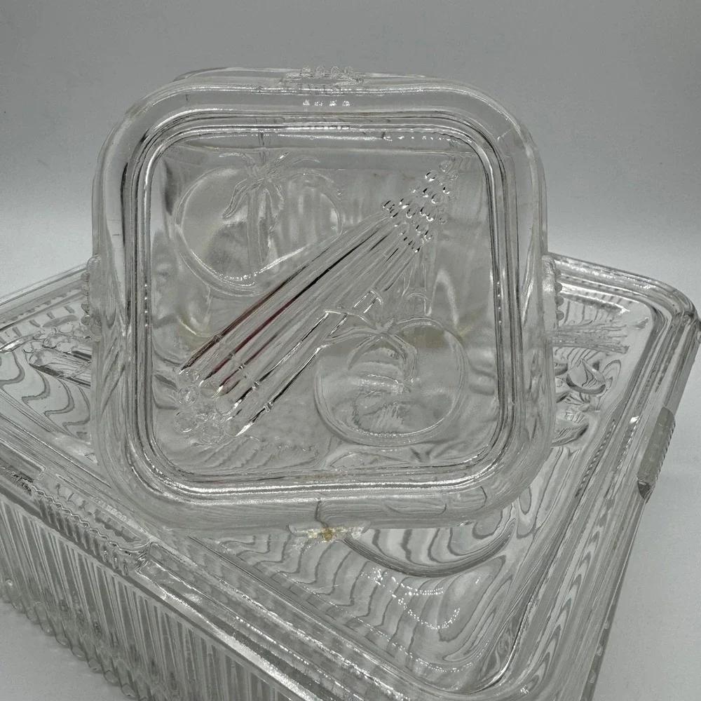 Vintage Federal Glass Refrigerator Dishes Clear Ribbed Vegetable Lid Lot 8x8 4x4